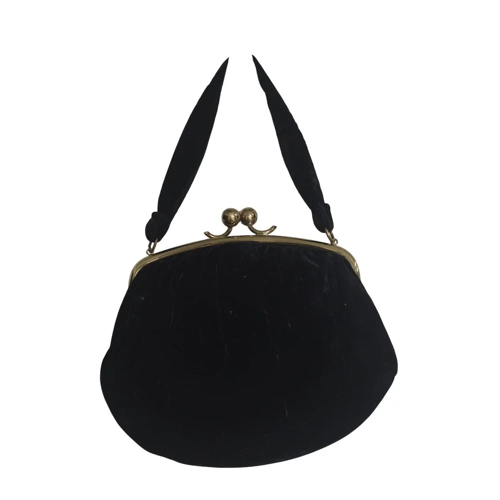 Vintage MM Black Velvet Evening Bag Gold Tone Kiss Lock Frame Top Handle Purse